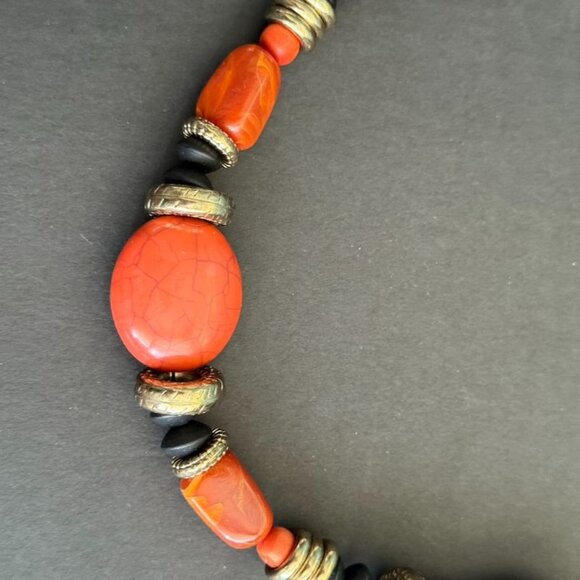 Vintage 80's Orange Aux Agate Wood Bead Necklace Earrings Set W/ Brass Accents - Picture 2 of 8